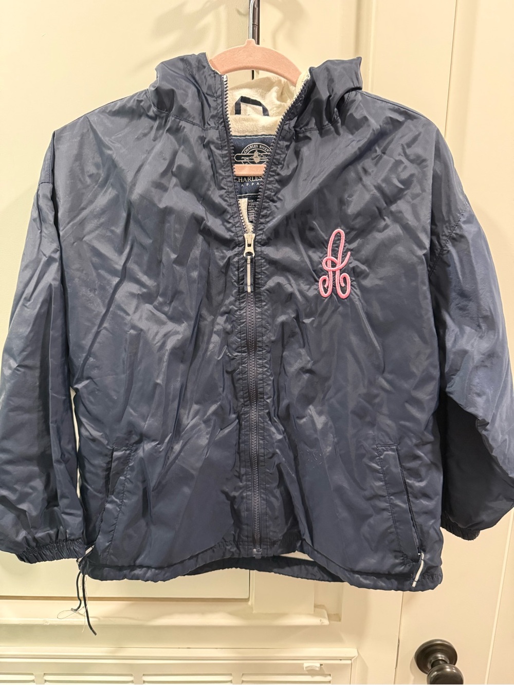 Girls' Navy Hooded Jacket with Pink Monogram